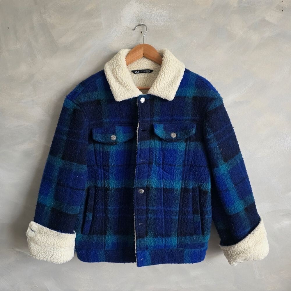 Zara Plaid Check Double Faced Sherpa Lined Trucker Jacket Sz S Turquouise Blue